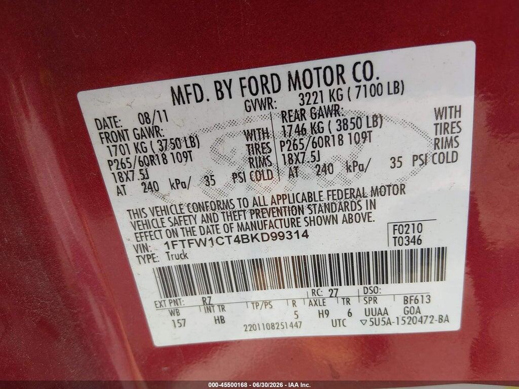 1FTFW1CT4BKD99314 2011 FORD F-150 photo no. 9