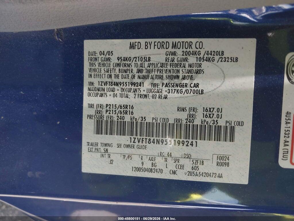 1ZVFT84N955199241 2005 FORD MUSTANG photo no. 9