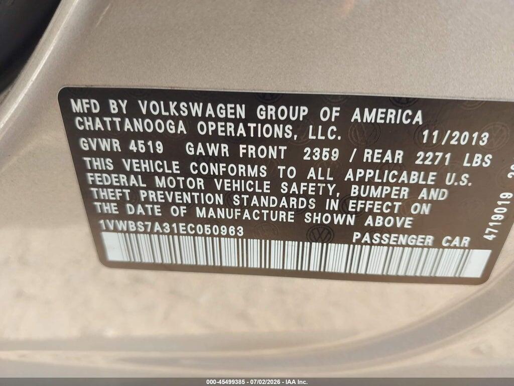 1VWBS7A31EC050963 2014 VOLKSWAGEN PASSAT photo no. 9