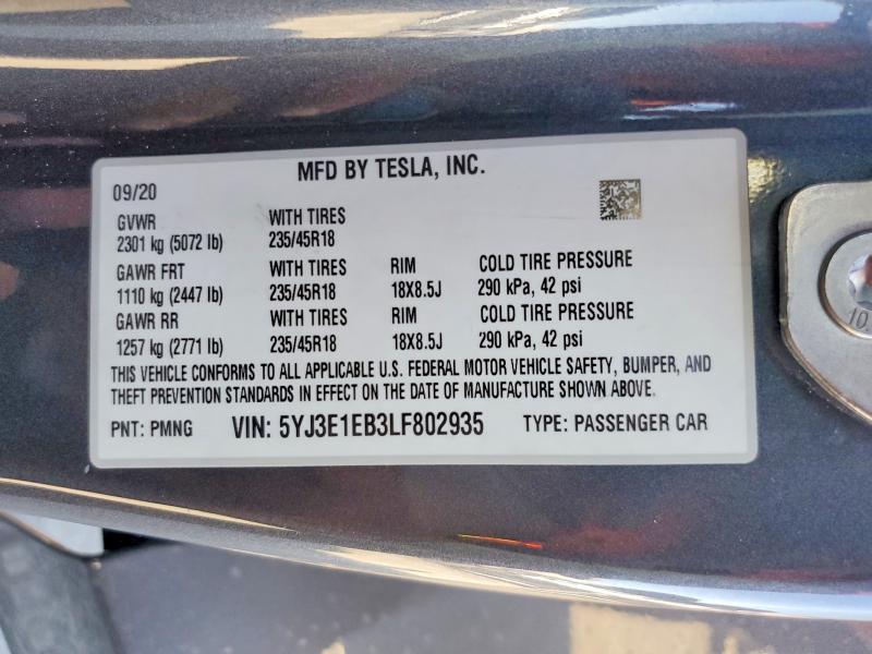 5YJ3E1EB3LF710501 2020 TESLA MODEL 3 photo no. 12
