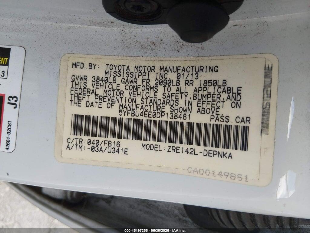 5YFBU4EE0DP138481 2013 TOYOTA COROLLA photo no. 9