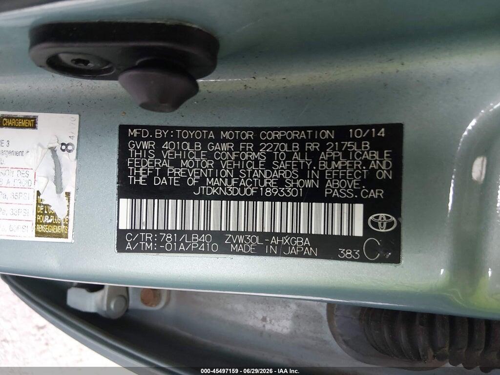 JTDKN3DU0F1893301 2015 TOYOTA PRIUS photo no. 9