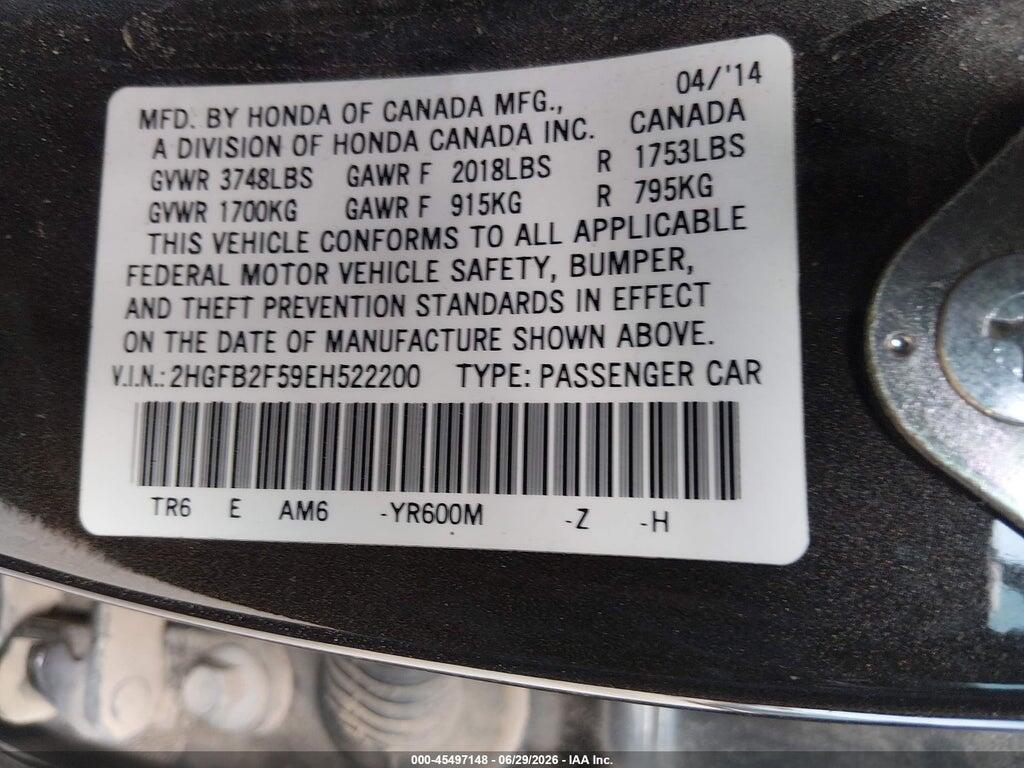 2HGFB2F59EH522200 2014 HONDA CIVIC photo no. 9