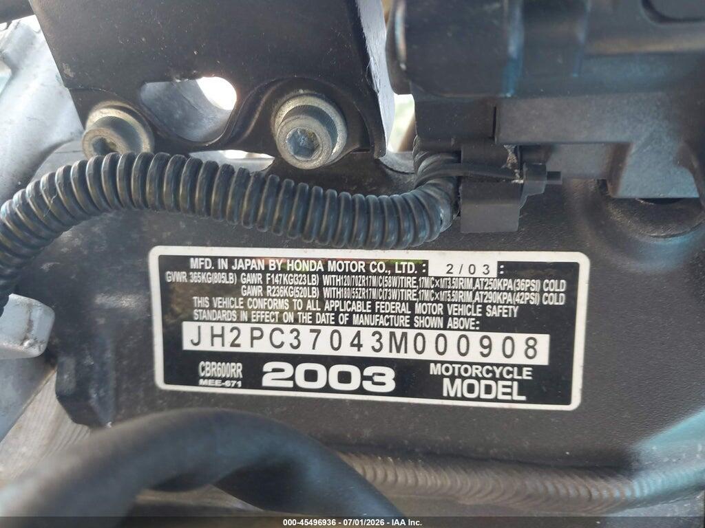JH2PC37043M000908 2003 HONDA CBR600 photo no. 10