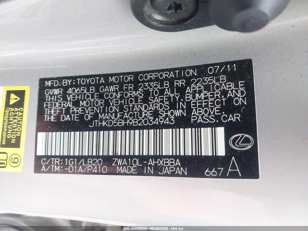 JTHKD5BH9B2034943 2011 LEXUS CT 200H photo no. 9