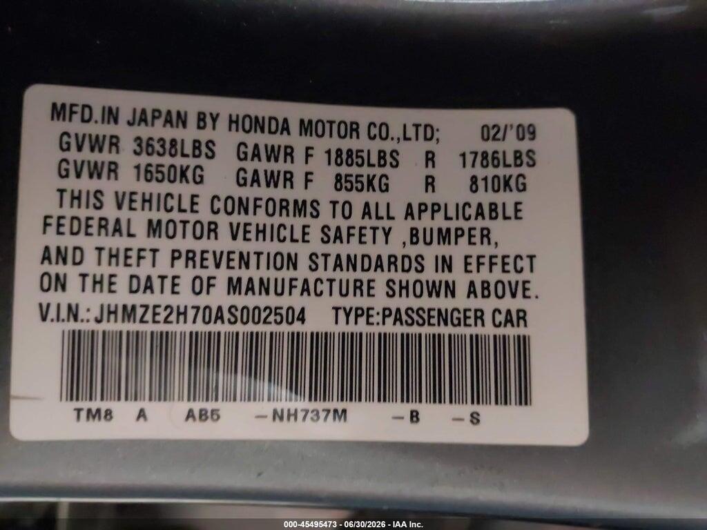 JHMZE2H70AS002504 2010 HONDA INSIGHT photo no. 9