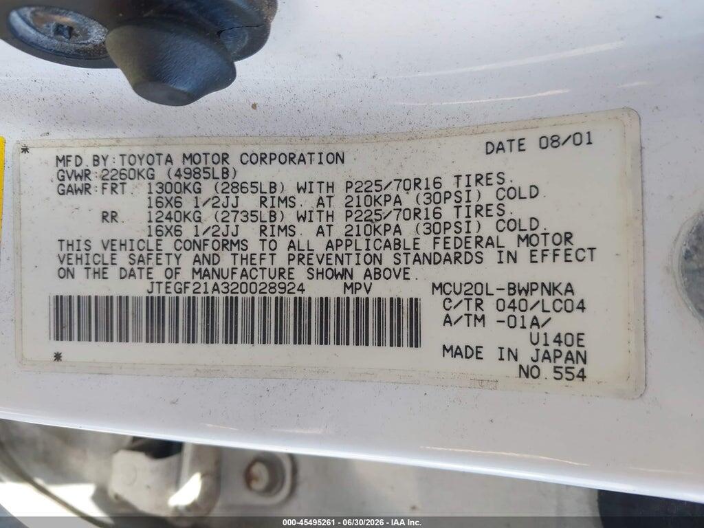JTEGF21A320028924 2002 TOYOTA HIGHLANDER photo no. 9