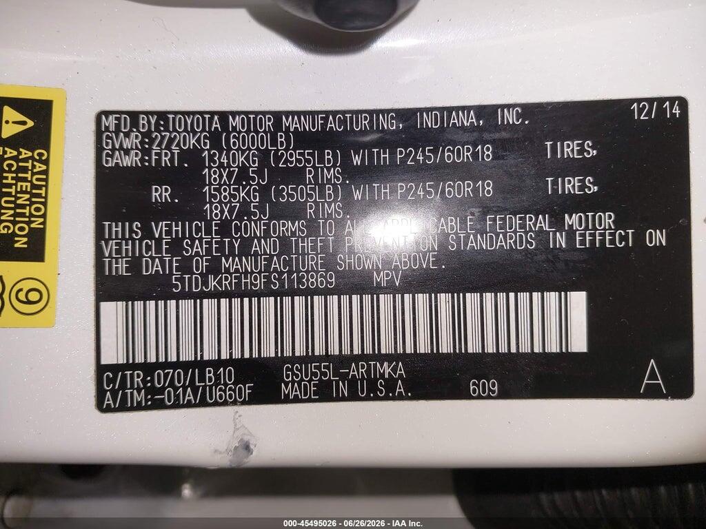 5TDJKRFH9FS113869 2015 TOYOTA HIGHLANDER photo no. 9