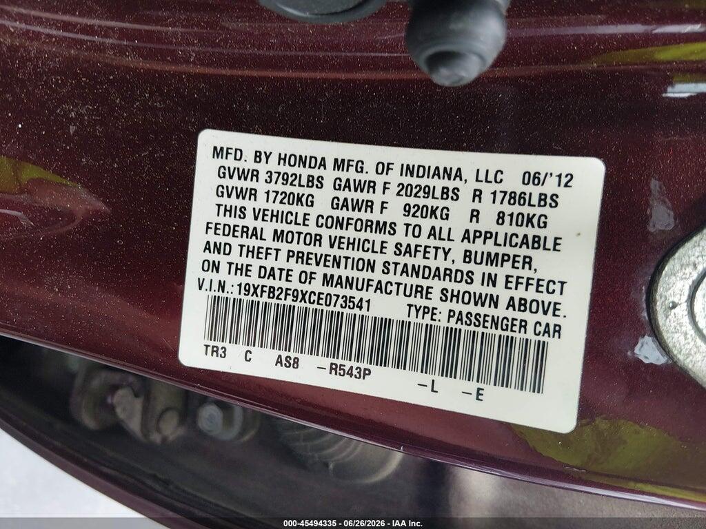 19XFB2F9XCE073541 2012 HONDA CIVIC photo no. 9