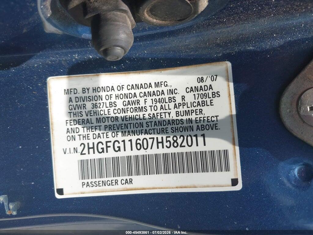 2HGFG11607H582011 2007 HONDA CIVIC photo no. 9