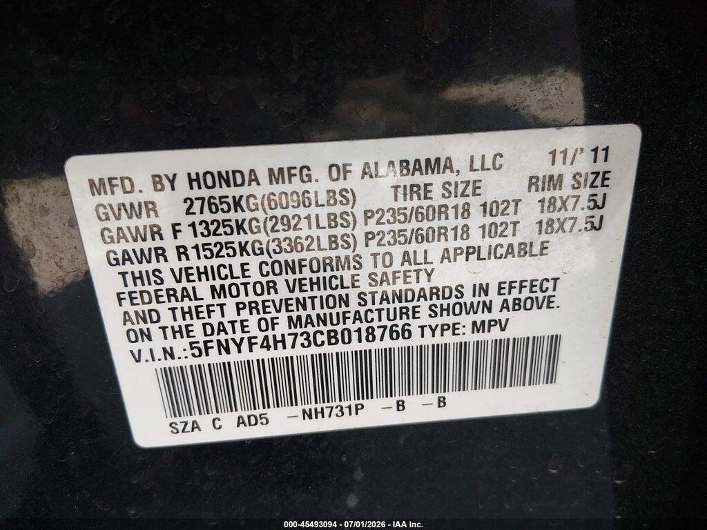 5FNYF4H73CB018766 2012 HONDA PILOT photo no. 9