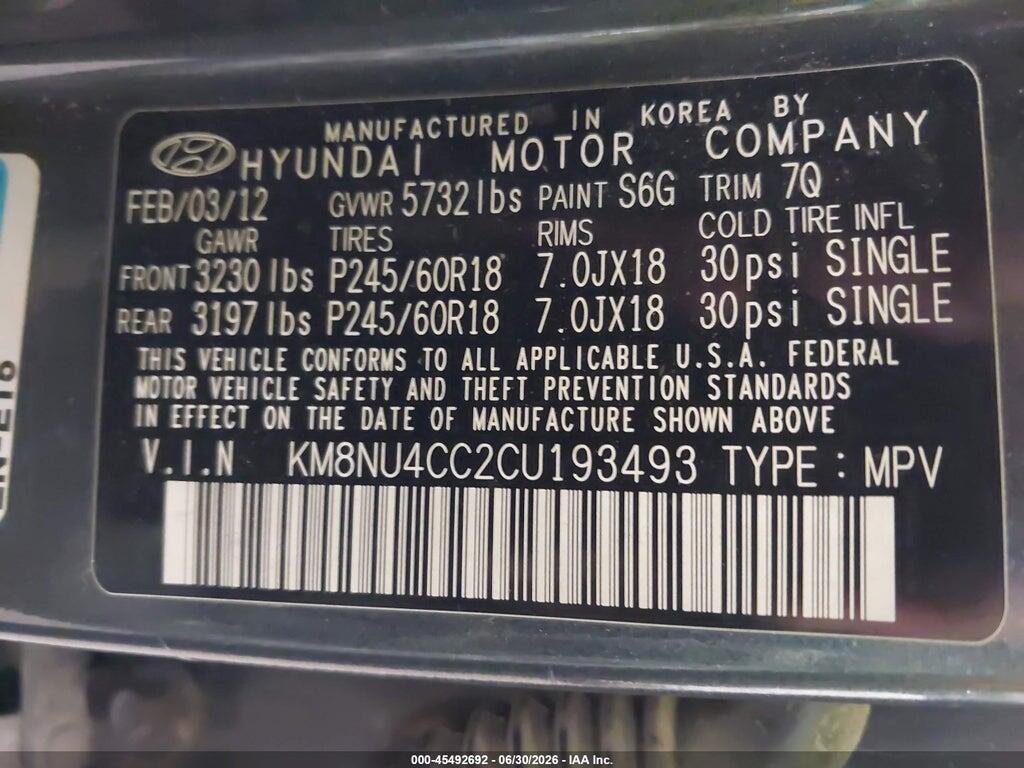 KM8NU4CC2CU193493 2012 HYUNDAI VERACRUZ photo no. 9