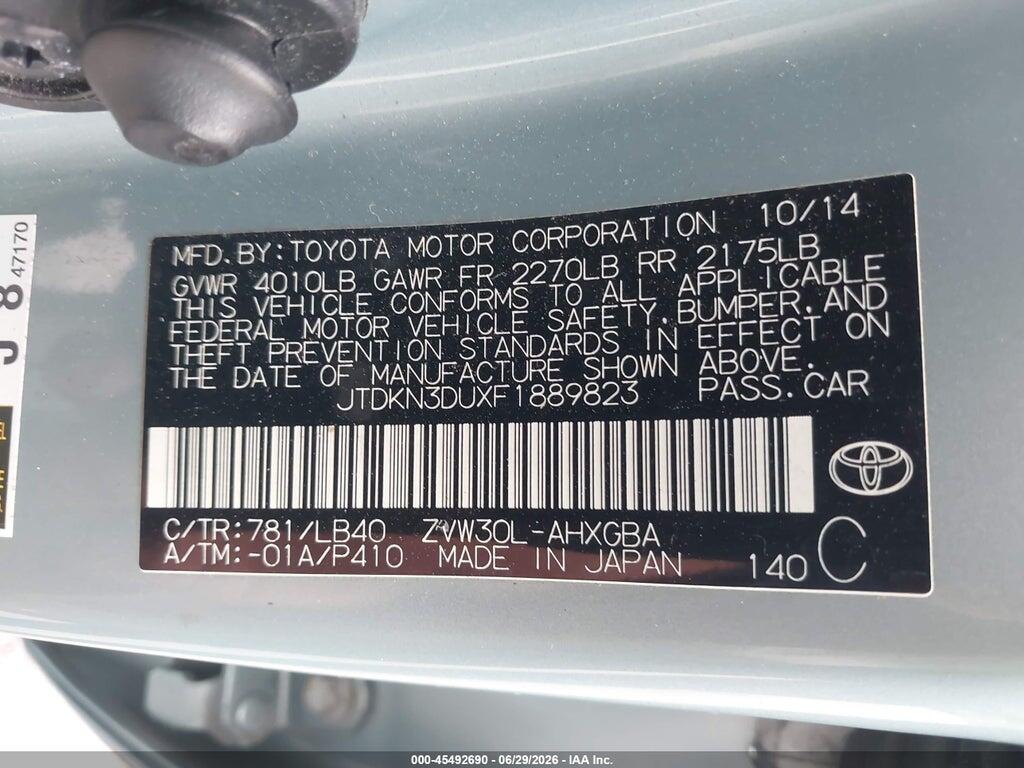 JTDKN3DUXF1889823 2015 TOYOTA PRIUS photo no. 9