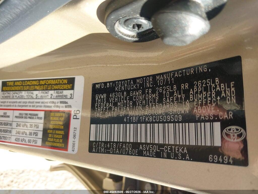 4T1BF1FK8CU509509 2012 TOYOTA CAMRY photo no. 9