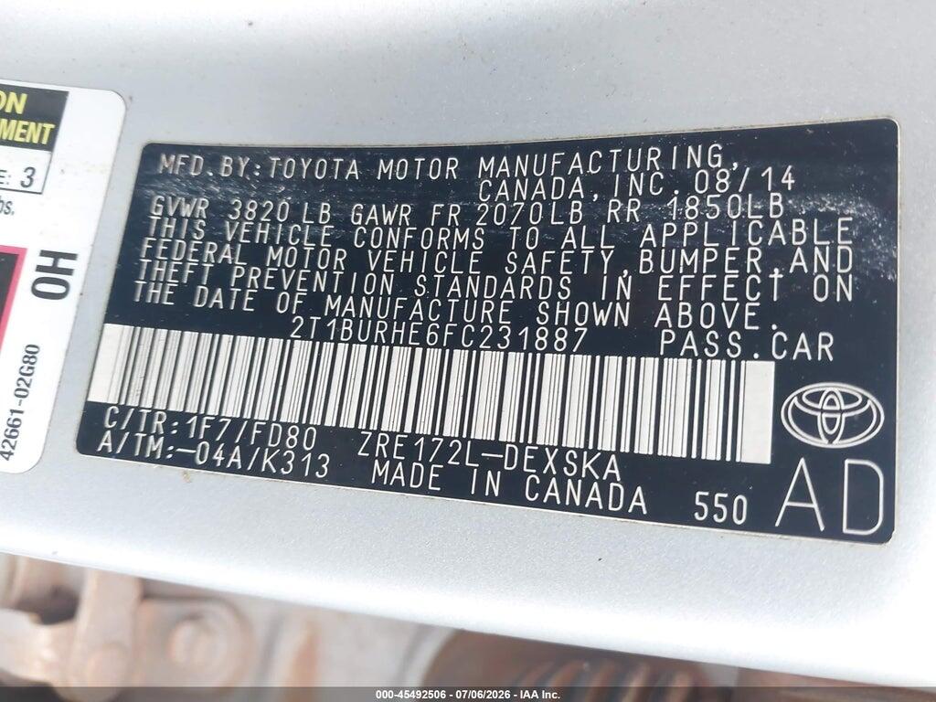 2T1BURHE6FC231887 2015 TOYOTA COROLLA photo no. 9