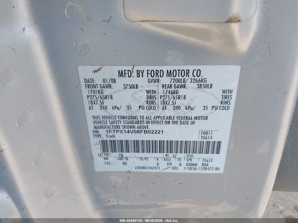 1FTPX14V08FB02221 2008 FORD F-150 photo no. 9