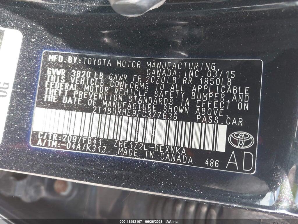 2T1BURHE9FC377636 2015 TOYOTA COROLLA photo no. 9