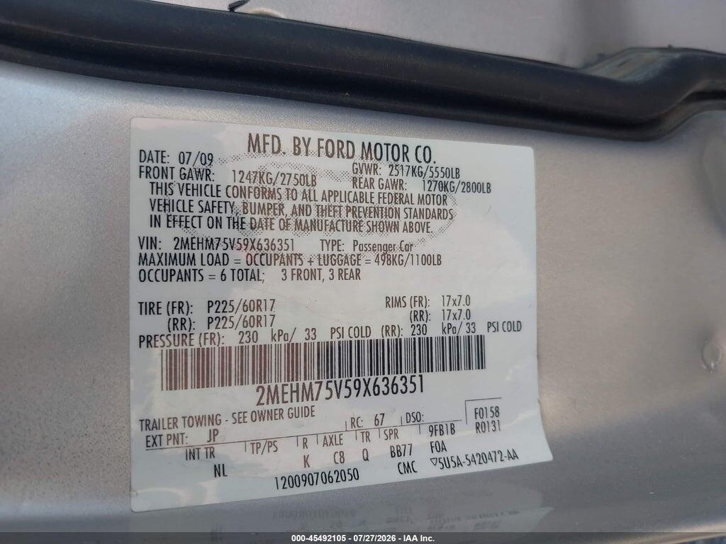 2MEHM75V59X636351 2009 MERCURY GRAND MARQUIS photo no. 9