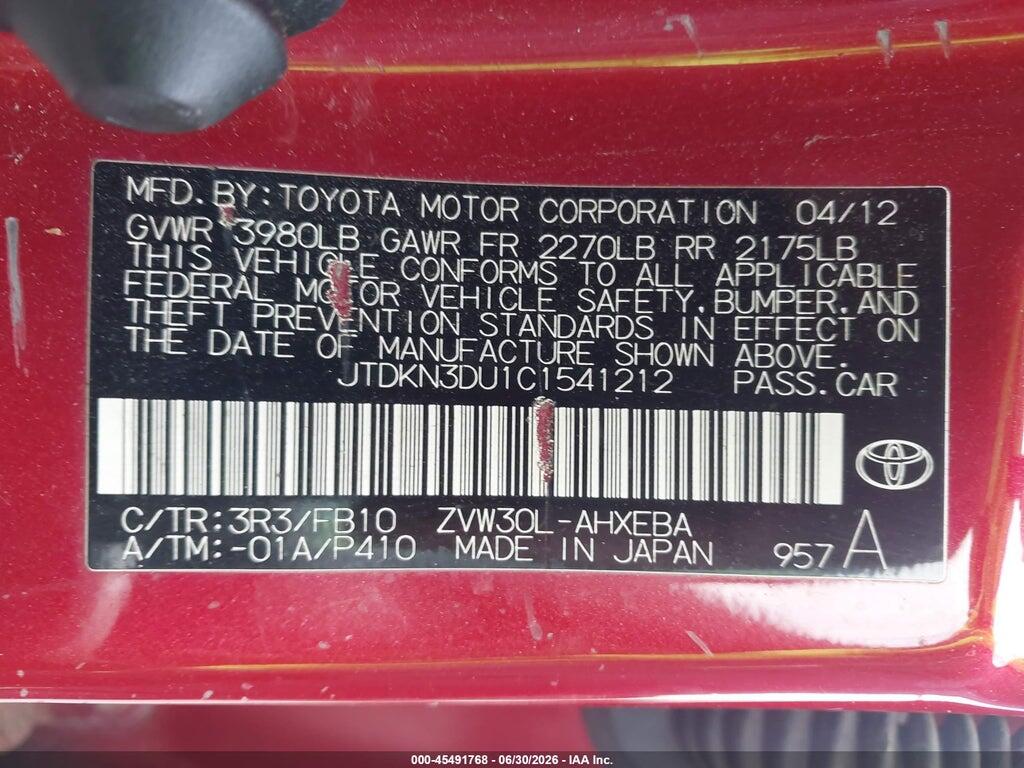 JTDKN3DU1C1541212 2012 TOYOTA PRIUS photo no. 9