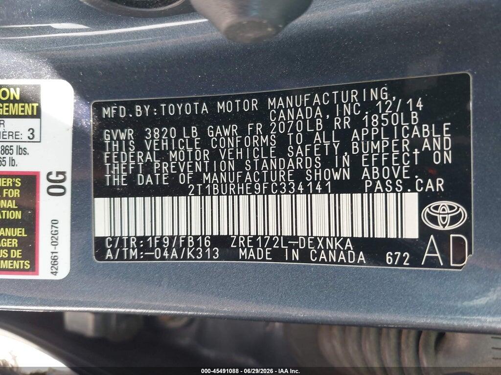 2T1BURHE9FC334141 2015 TOYOTA COROLLA photo no. 9
