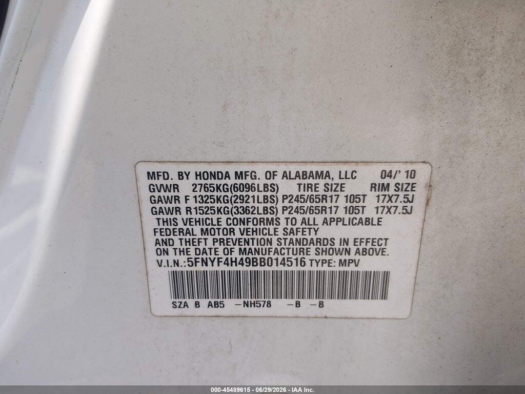 5FNYF4H49BB014516 2011 HONDA PILOT photo no. 9