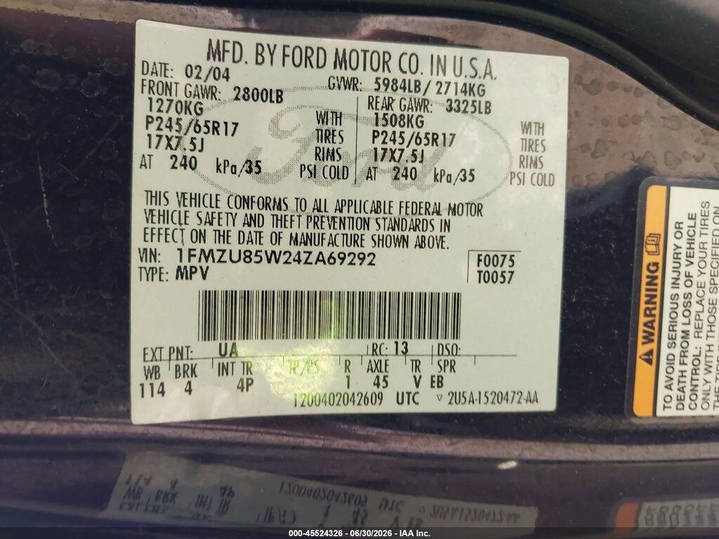 1FMZU85W24ZA69292 2004 FORD EXPLORER photo no. 9