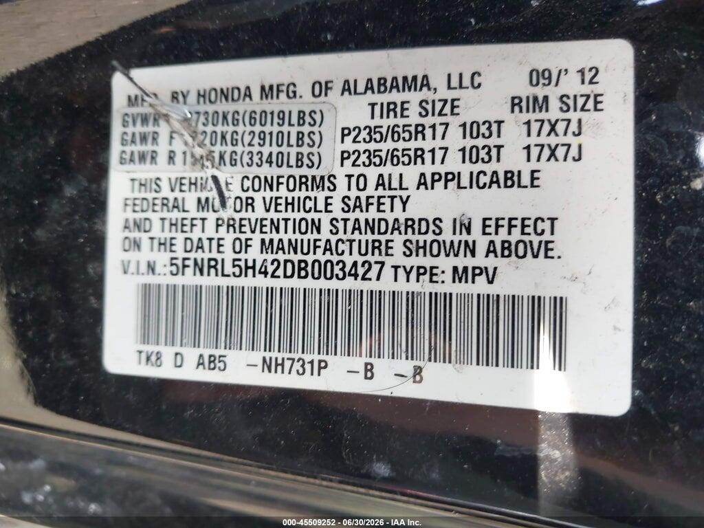 5FNRL5H42DB003427 2013 HONDA ODYSSEY photo no. 9