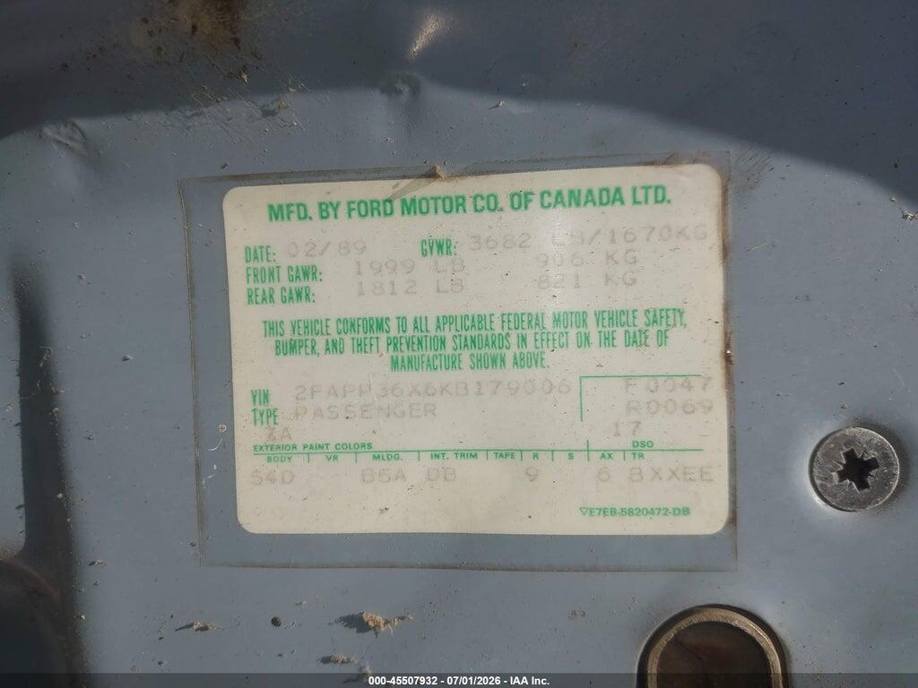 2FAPP36X6KB179006 1989 FORD TEMPO photo no. 9