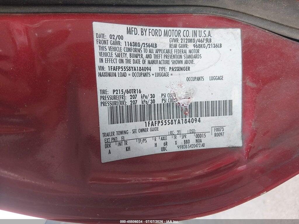1FAFP55S8YA184094 2000 FORD TAURUS photo no. 9