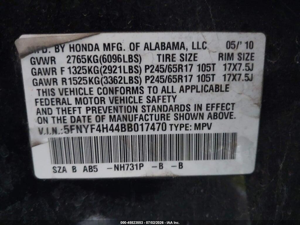 5FNYF4H44BB017470 2011 HONDA PILOT photo no. 9