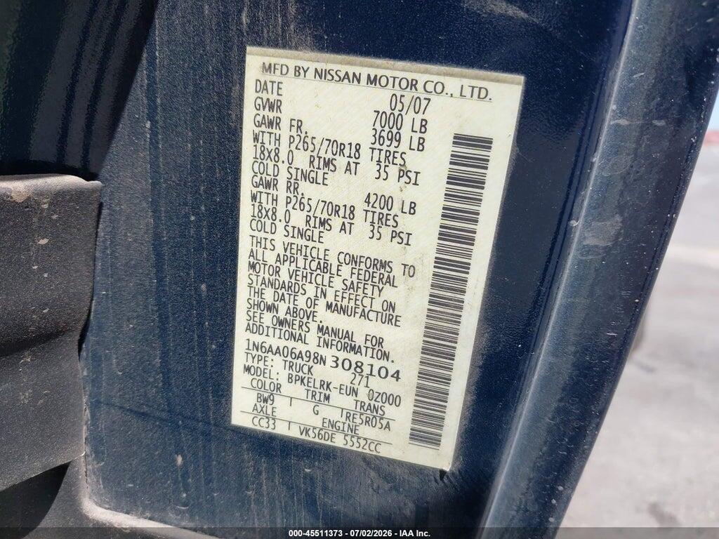 1N6AA06A98N308104 2008 NISSAN TITAN photo no. 9