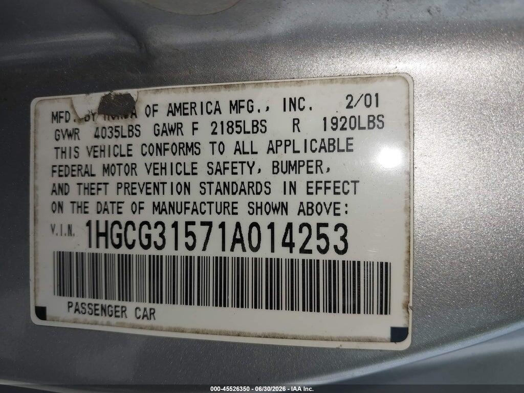 1HGCG31571A014253 2001 HONDA ACCORD photo no. 9