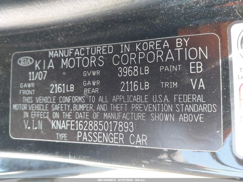 KNAFE162885017893 2008 KIA SPECTRA5 photo no. 9