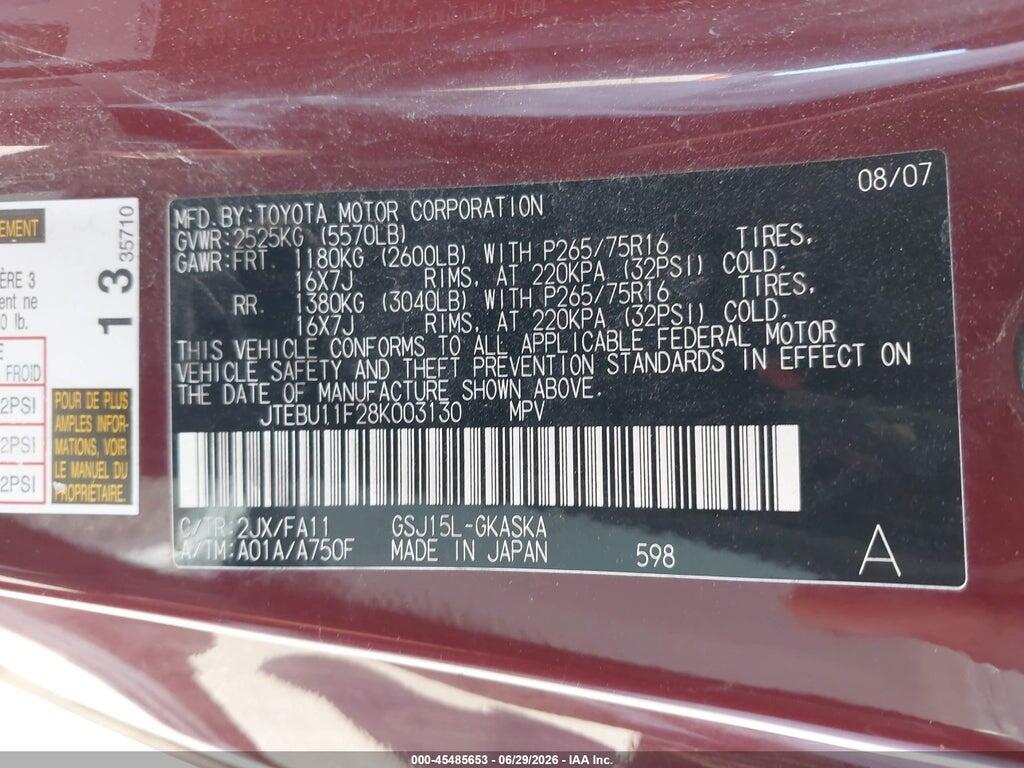JTEBU11F28K003130 2008 TOYOTA FJ CRUISER photo no. 9