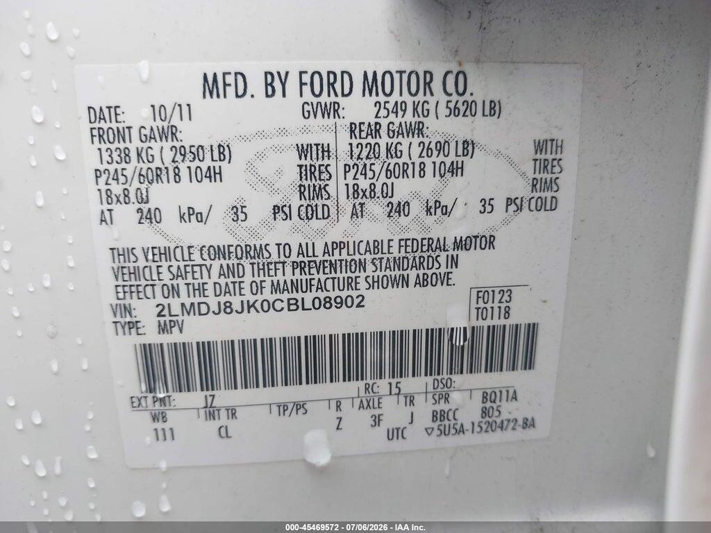 2LMDJ8JK0CBL08902 2012 LINCOLN MKX photo no. 9