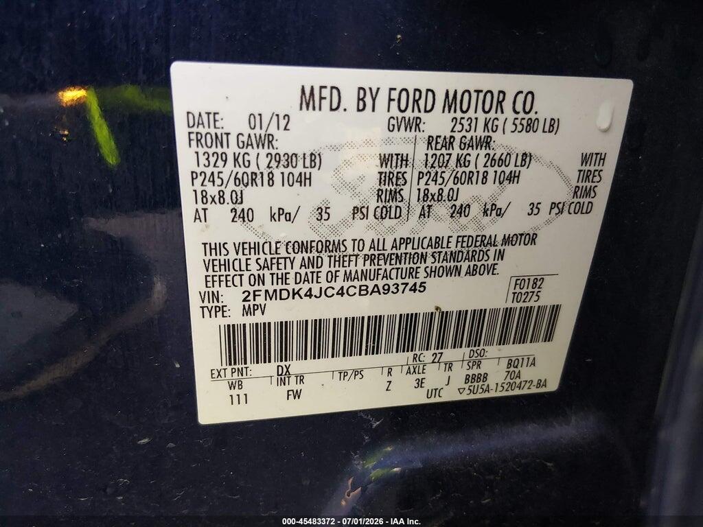 2FMDK4JC4CBA93745 2012 FORD EDGE photo no. 9