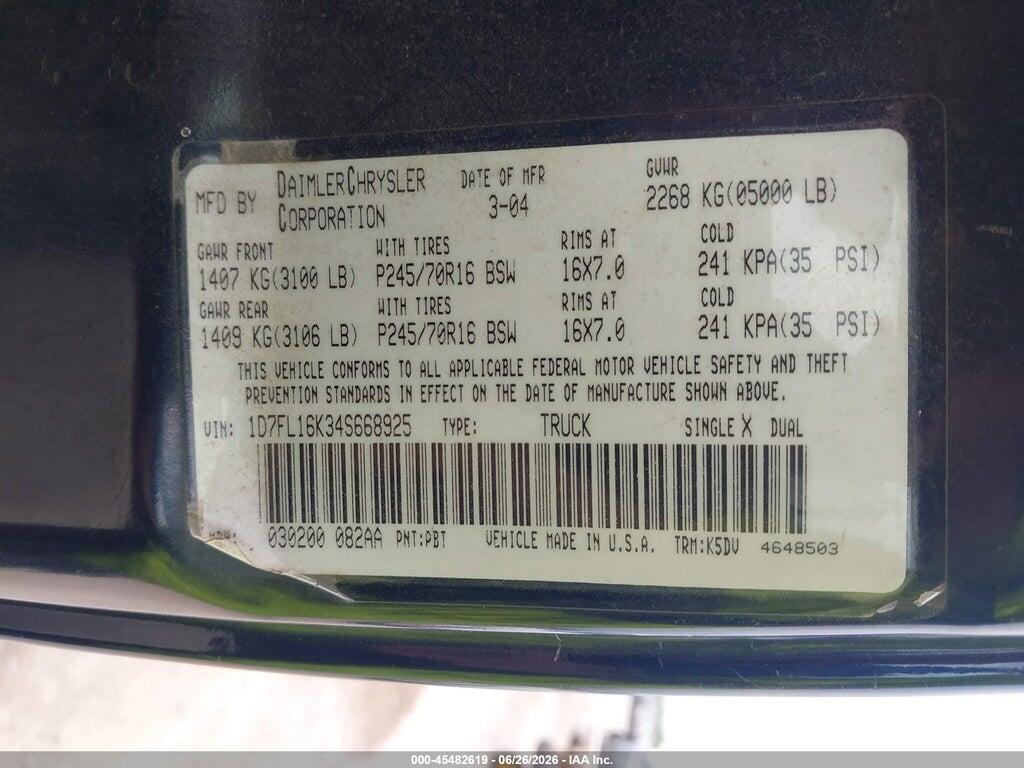 1D7FL16K34S668925 2004 DODGE DAKOTA photo no. 9