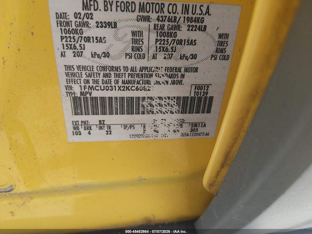 1FMCU031X2KC60821 2002 FORD ESCAPE photo no. 9