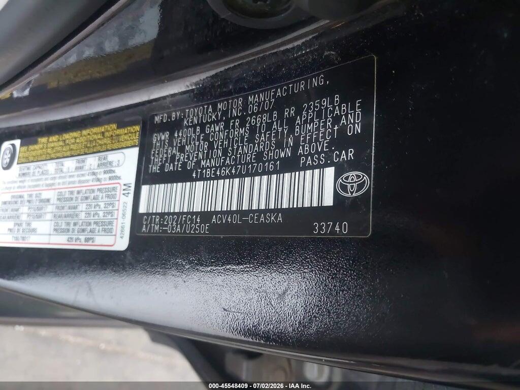 4T1BE46K47U170161 2007 TOYOTA CAMRY photo no. 9