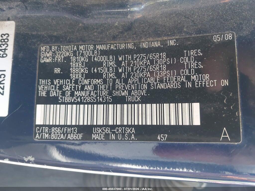 5TBBV54128S514315 2008 TOYOTA TUNDRA photo no. 9