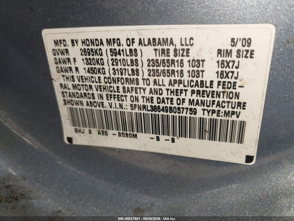 5FNRL38649B057759 2009 HONDA ODYSSEY photo no. 9