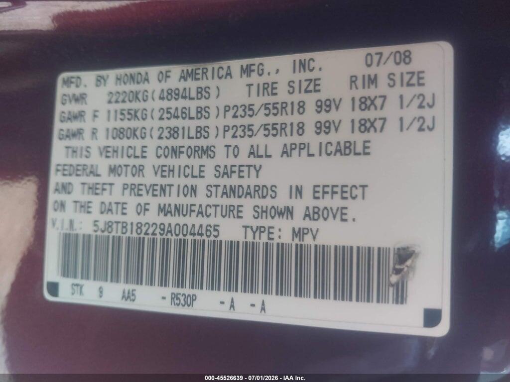 5J8TB18229A004465 2009 ACURA RDX photo no. 9
