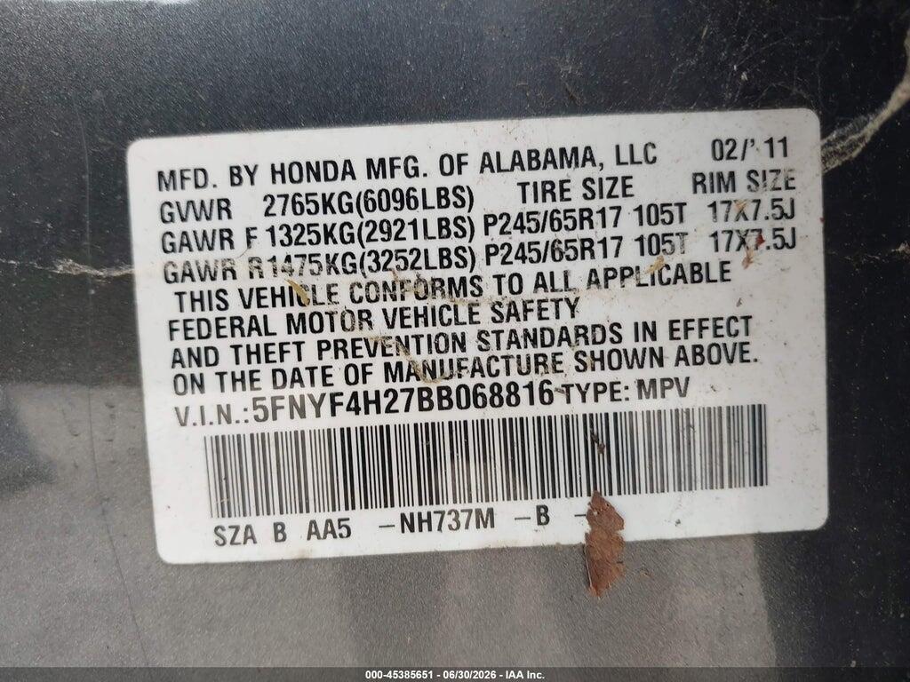 5FNYF4H27BB068816 2011 HONDA PILOT photo no. 9