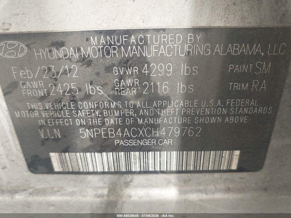 5NPEB4ACXCH479762 2012 HYUNDAI SONATA photo no. 9