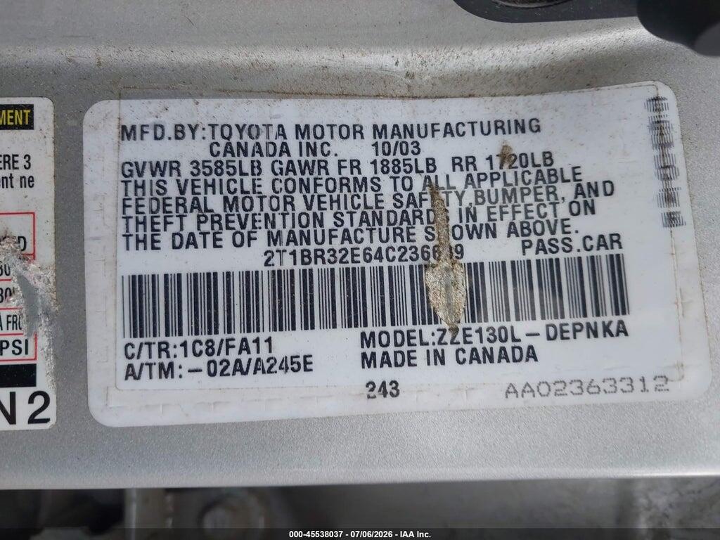2T1BR32E64C236639 2004 TOYOTA COROLLA photo no. 9