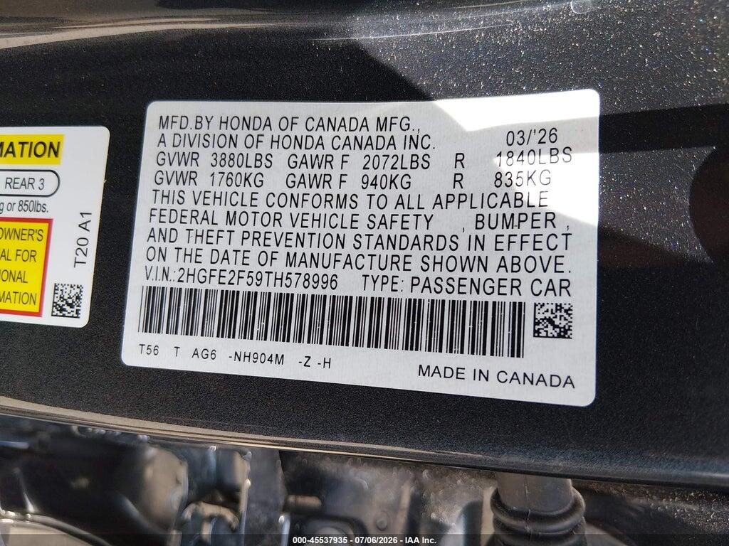 2HGFE2F59TH578996 2026 HONDA CIVIC photo no. 9