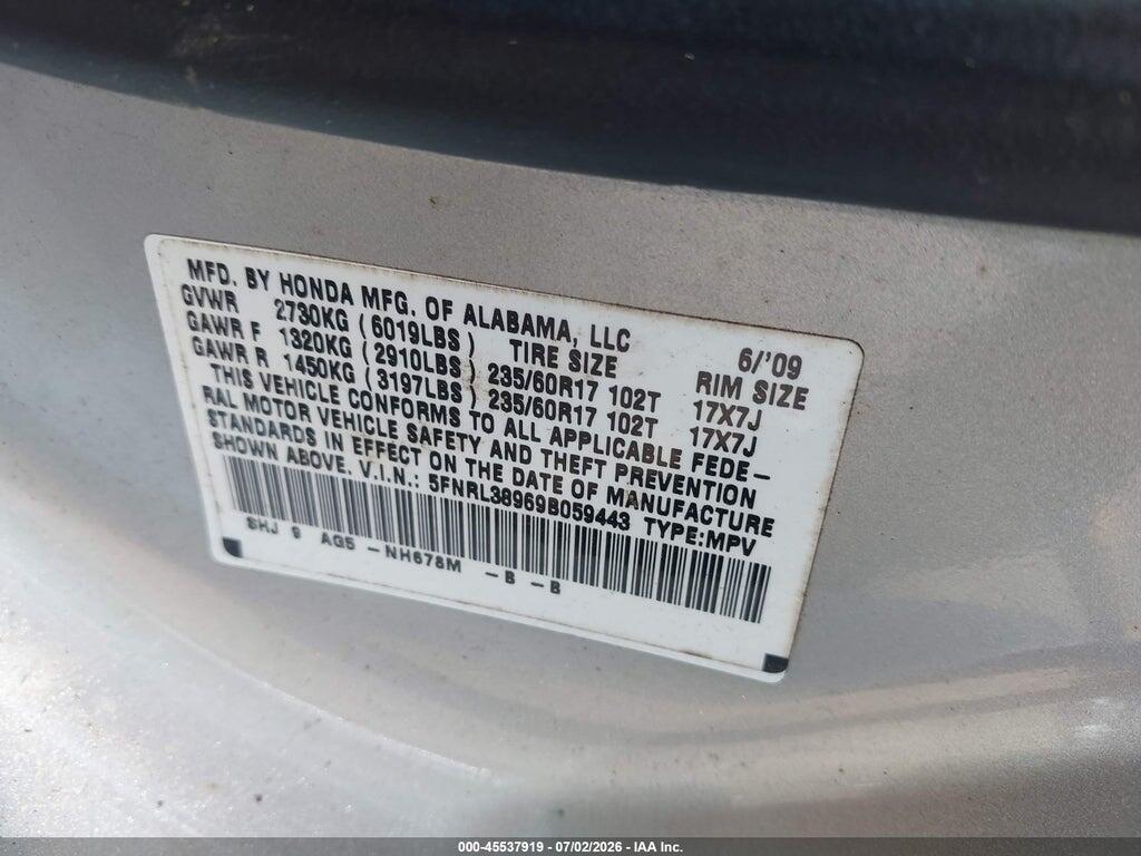 5FNRL38969B059443 2009 HONDA ODYSSEY photo no. 9