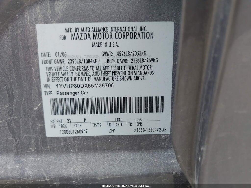1YVHP80DX65M38708 2006 MAZDA MAZDA6 photo no. 9