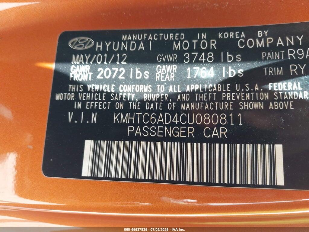 KMHTC6AD4CU080811 2012 HYUNDAI VELOSTER photo no. 9