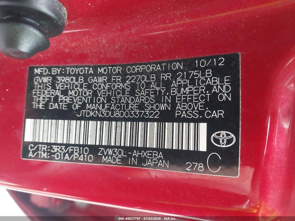 JTDKN3DU8D0337322 2013 TOYOTA PRIUS photo no. 9